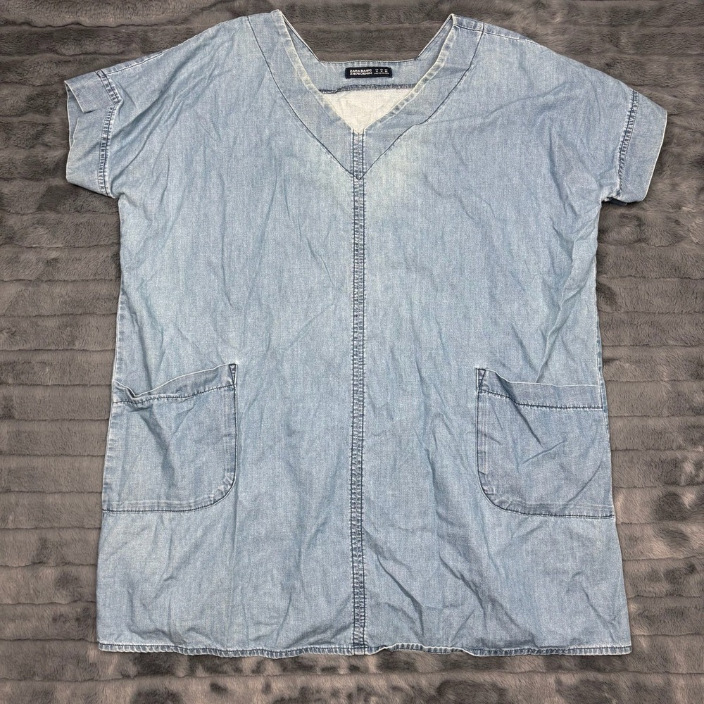 Zara Basic Z1975 Denim Light Wash V-Neck Shift Dress with Pockets Blue Size M